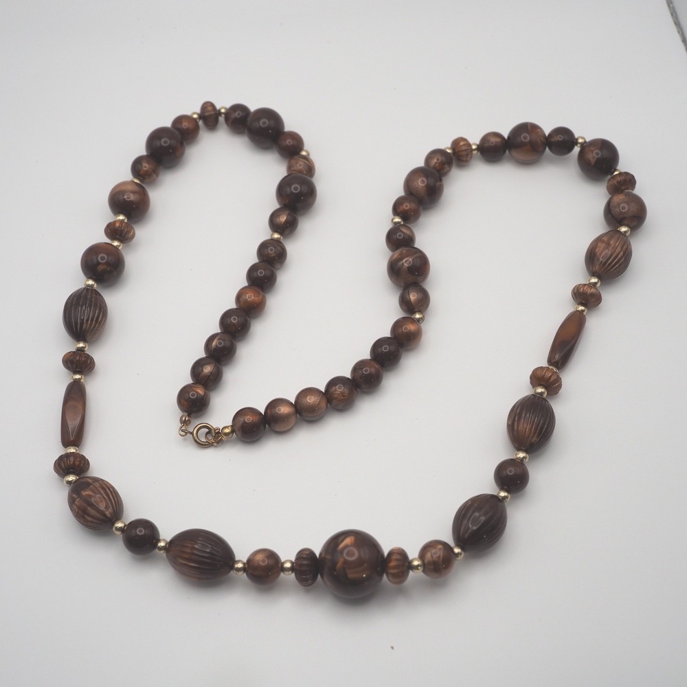 Vintage Necklace Brown Swirl Bead Marbled Graduated Textured 30" Long Chunky